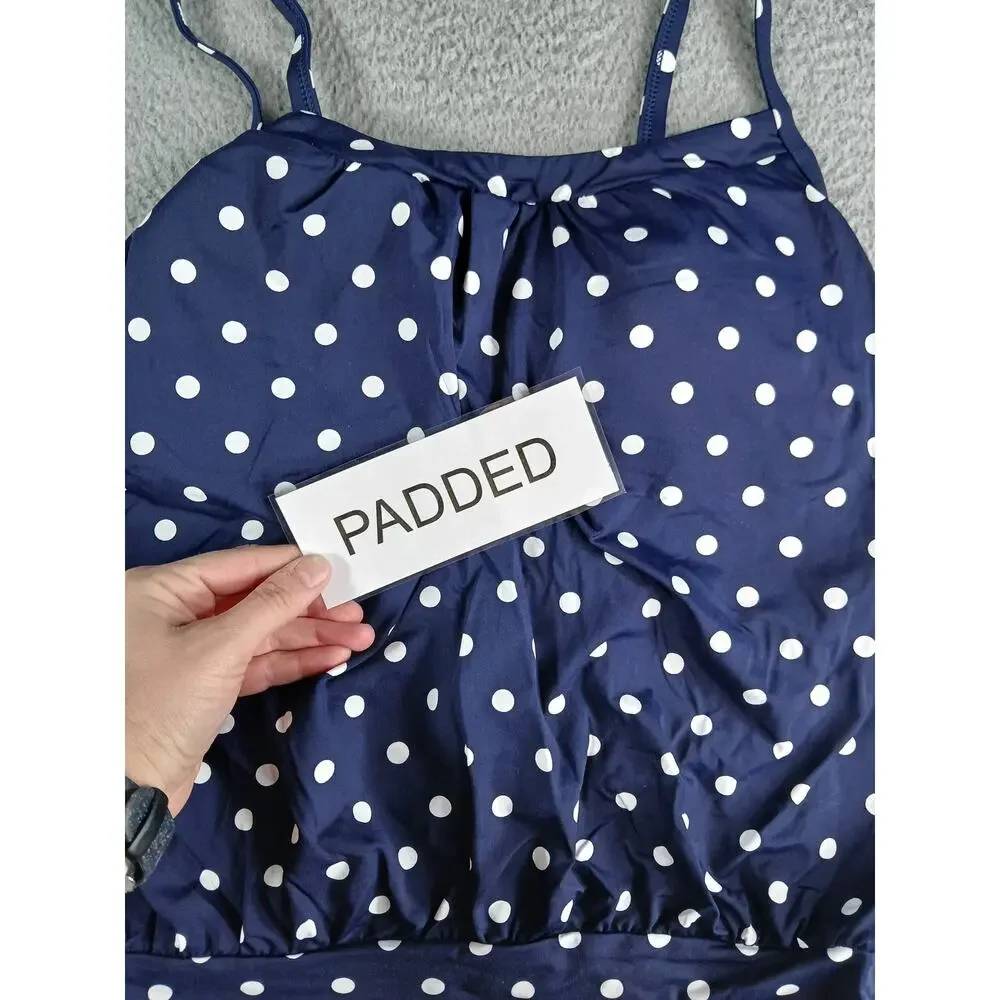 Lands End Swim Top Womens 8P Petite Navy Blue Polka Dot Tankini Padded NWT
